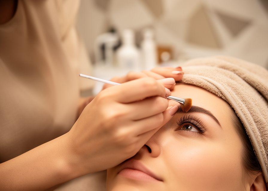 Beauty technician applying eyelash tint in a calm Zurich treatment room with soft beige towels and mirror lighting
