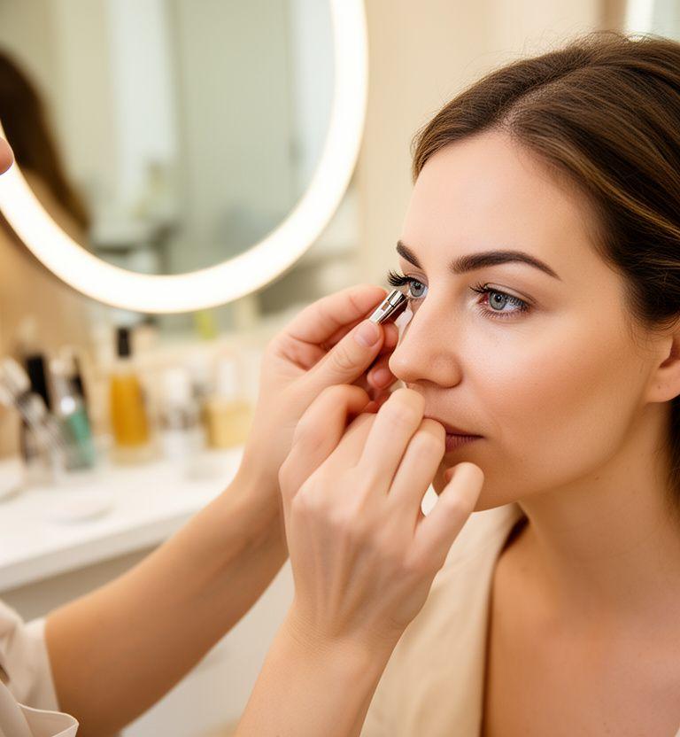 Lash stylist in a bright Zurich studio shaping a client's lashes beside a softly lit mirror station